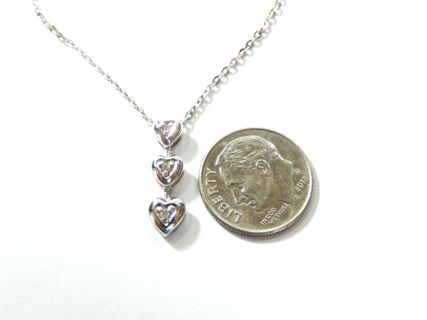 10k White Gold Diamond Heart Three Stone Love Pendant w/18" Chain