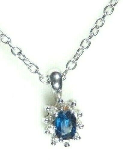 *NWT* 14k White Gold Oval Sapphire And Diamond Pendant with 18" Chain