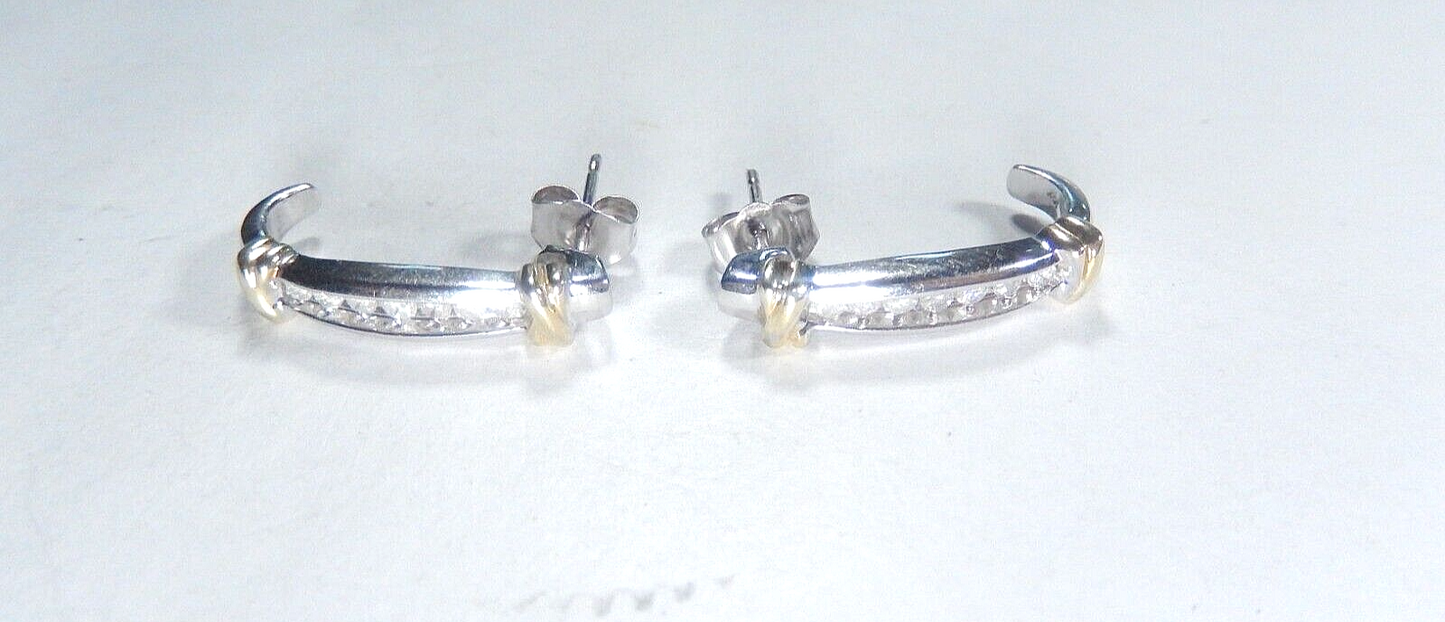 *VINTAGE* 10K  Yellow & White Gold .50CT Natural  Diamond J-Hoop Post Earrings