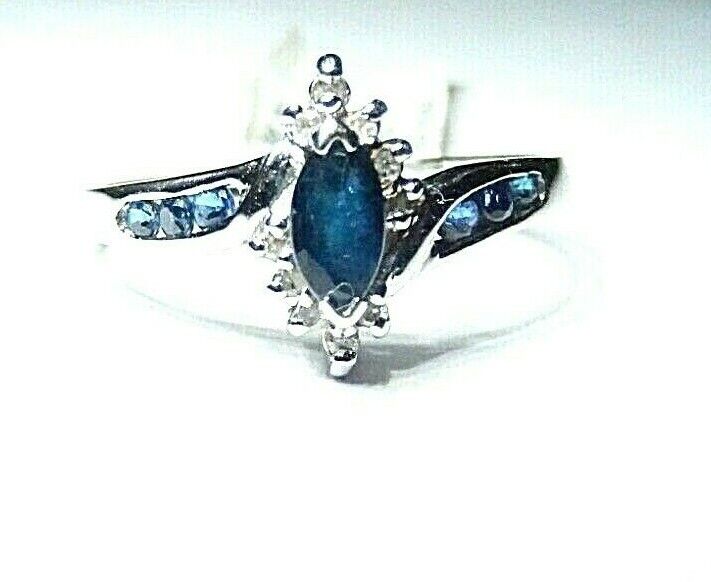 *NWT*  14k White Gold Blue Natural Sapphire & Halo Diamond Ring  Size 7.5