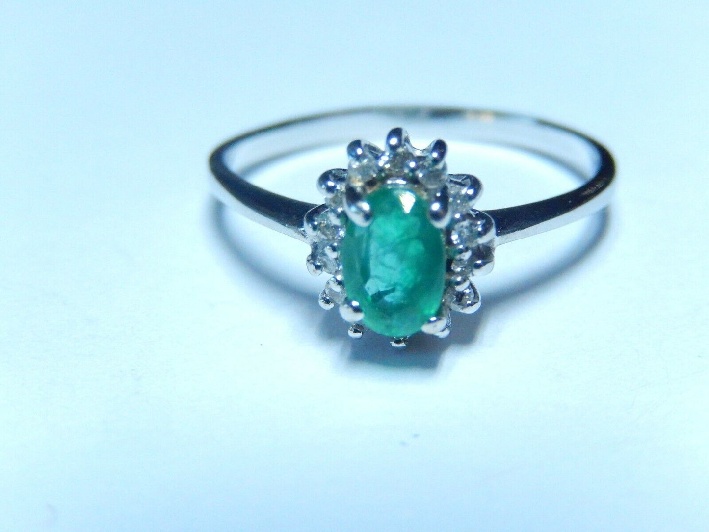 Vintage  1/2Carat Natural Emerald and Diamond Halo Ring 14k White Gold Size 8.25