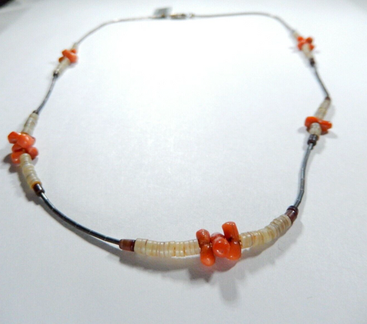 *VINTAGE*  Sterling  Southwestern Liquid Silver Coral & Shell 20" Necklace