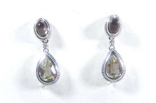 Sterling Silver Light Green Peridot & Smoky Quartz Gemstone Dangle  Earrings