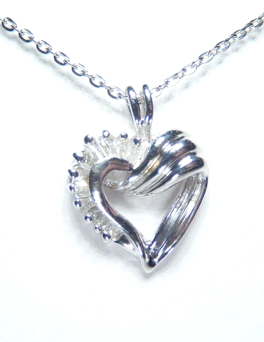 10K White Gold .25ctw Baguette Diamond Open Heart Pendant w/18" Chain