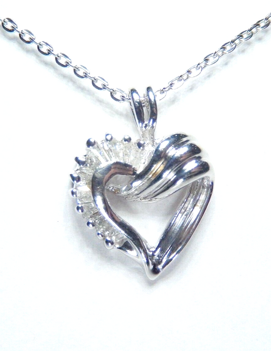 10K White Gold .25ctw Baguette Diamond Open Heart Pendant w/18" Chain