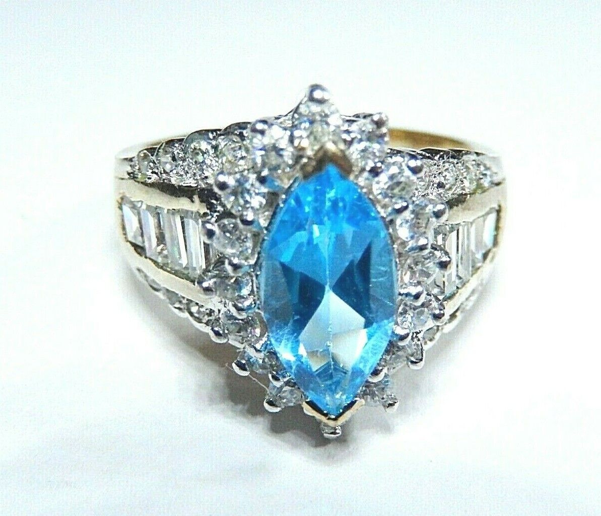 *VINTAGE* Blue Topaz & Cubic Zirconia 14k Yellow Gold Over Sterling Silver Ring