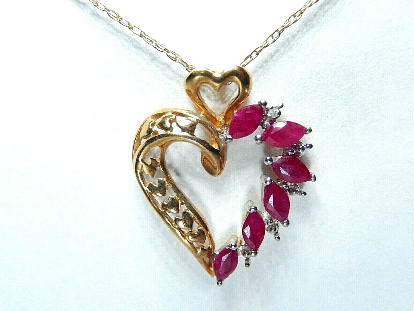 *VINTAGE*  10k Yellow Gold  Ruby And Diamond Heart Pendant with 18" 10K YG Chain