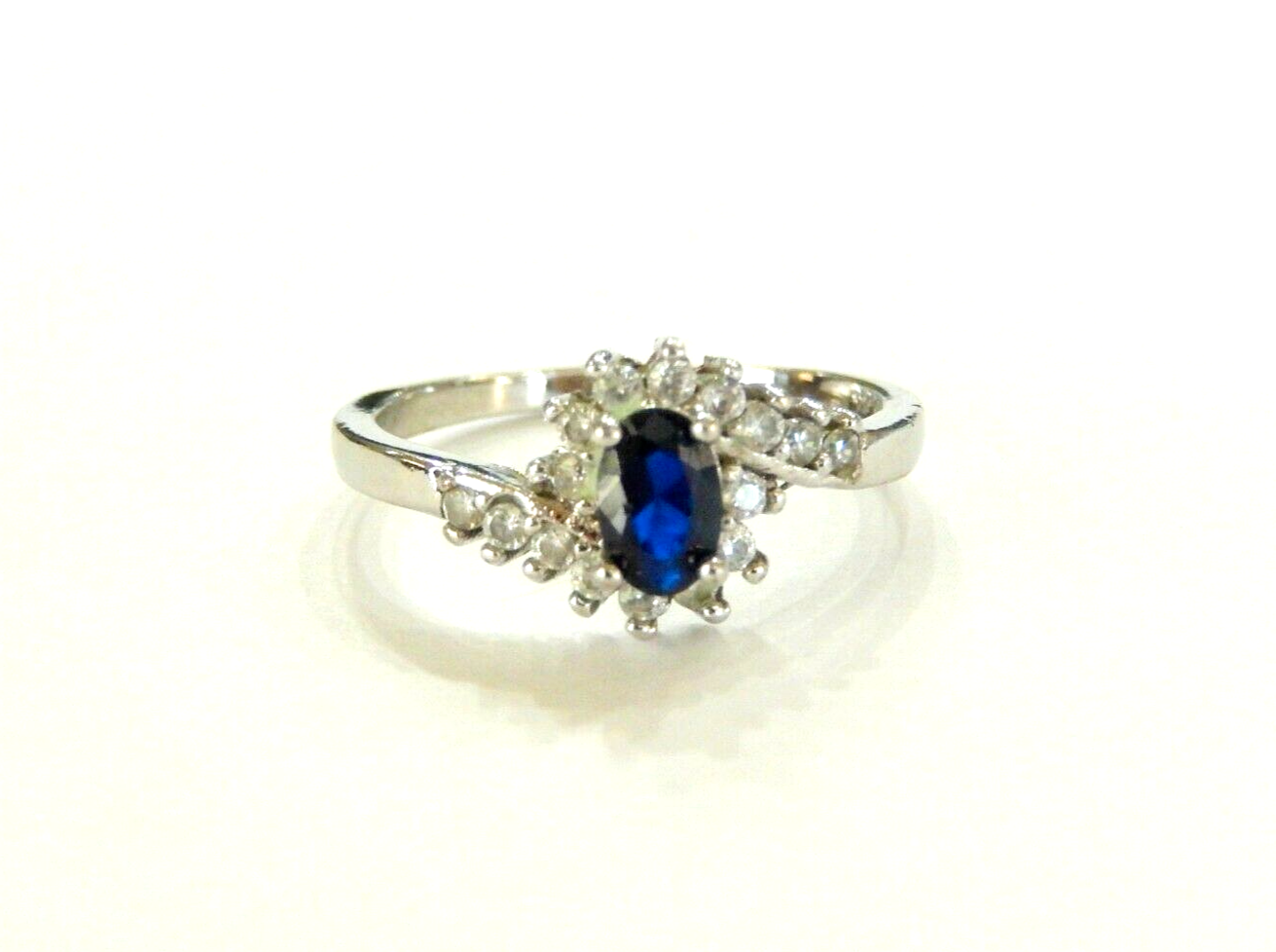 Halo Sapphire And CZ  .925 Sterling Silver  Wedding / Right Hand Ring Sz 8