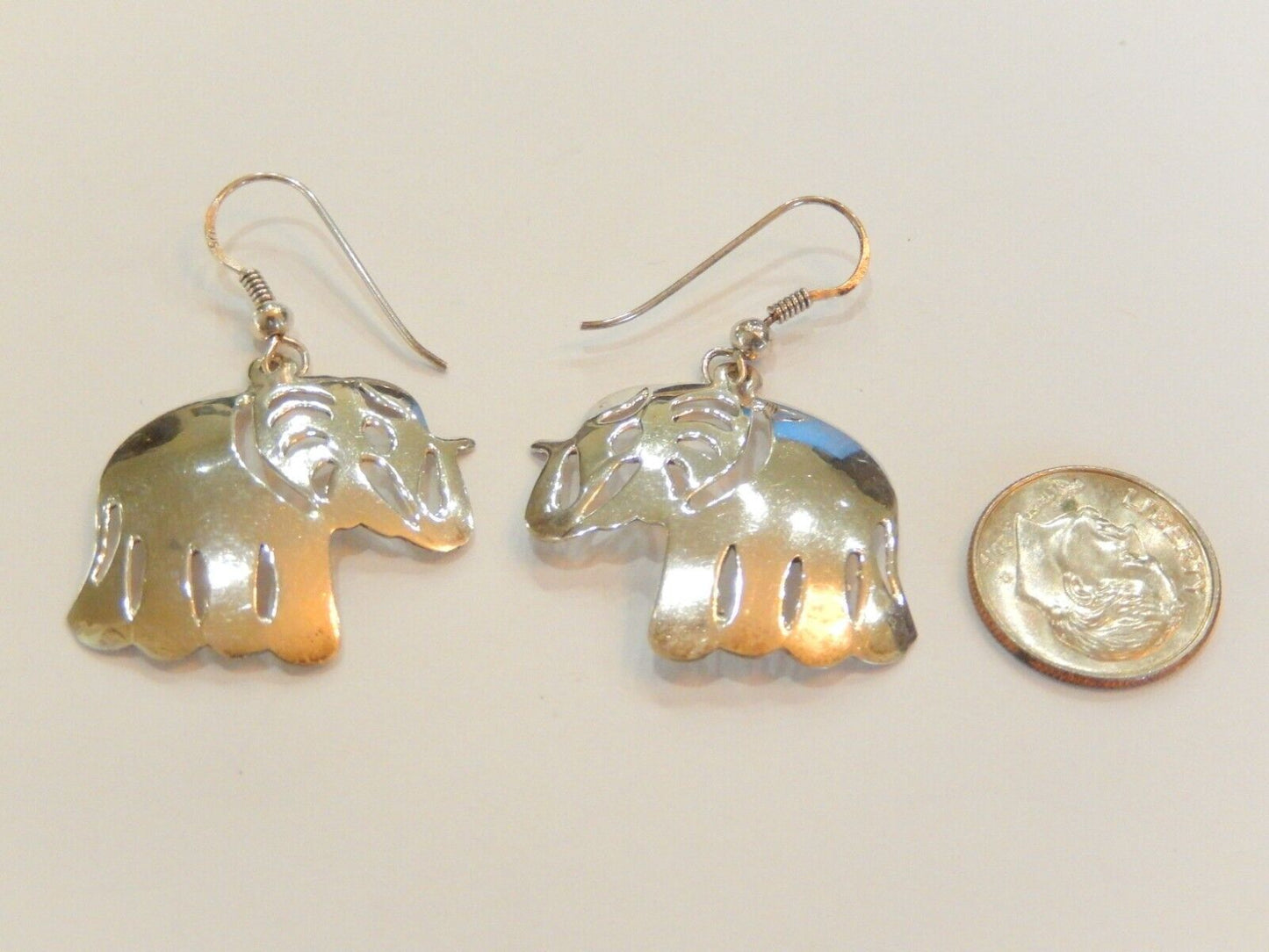 *VINTAGE*  Sterling Silver Lucky Elephant Dangle Earrings 1 1/8" x 1 1/8"