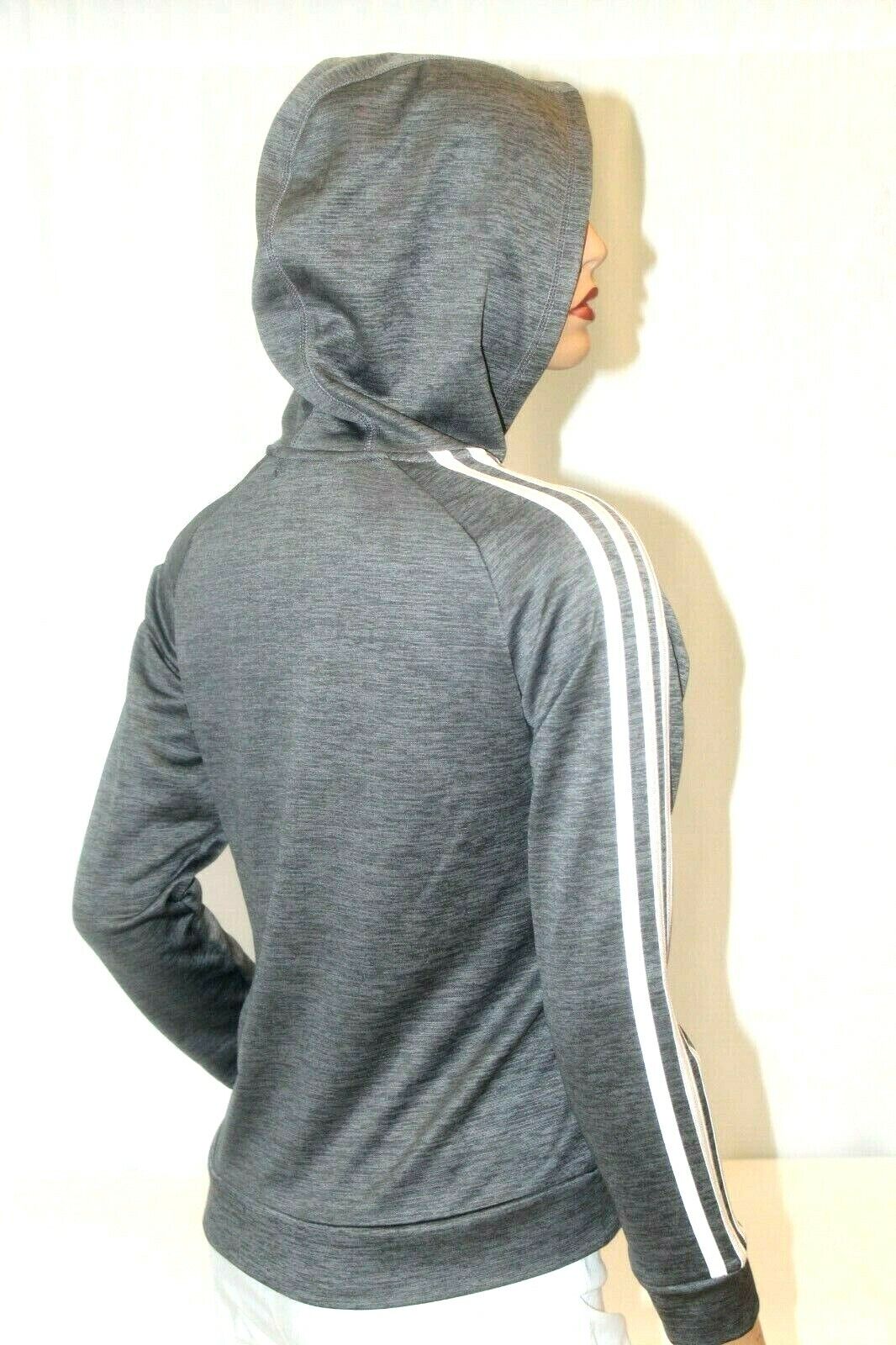 *NWT* $50. Adidas Womens Hoodie Gray Fleece-Lined Sleeve-Stripe Full-Zip Sz S-8