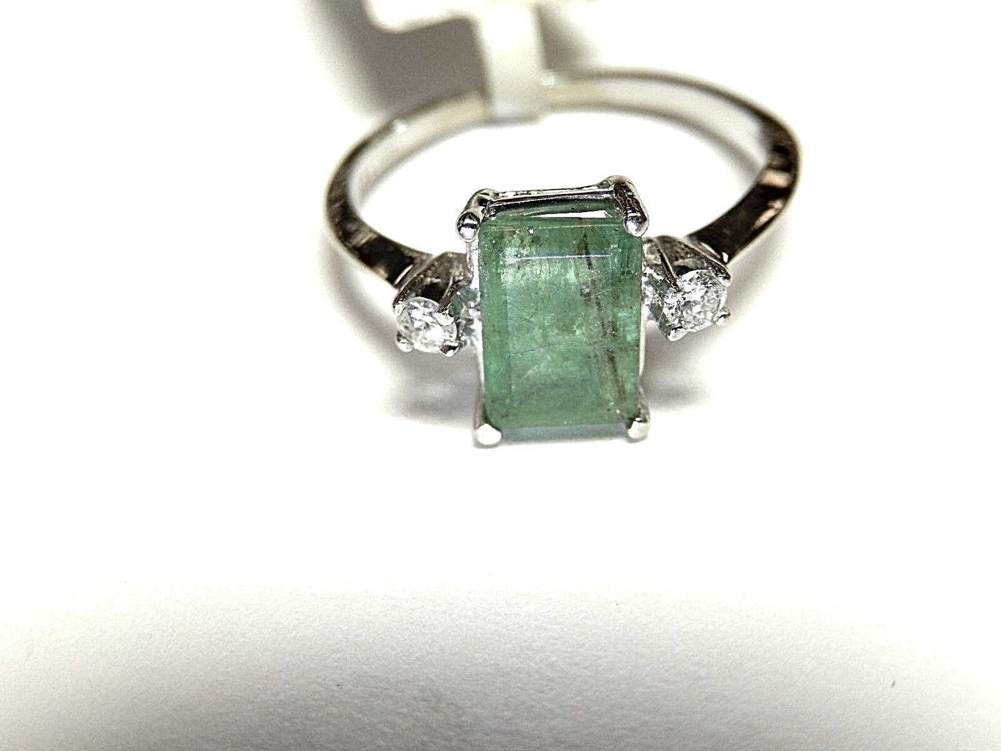 Natural .50ct Emerald Solitaire Ring with Two Diamonds 14K White Gold Size 6.75