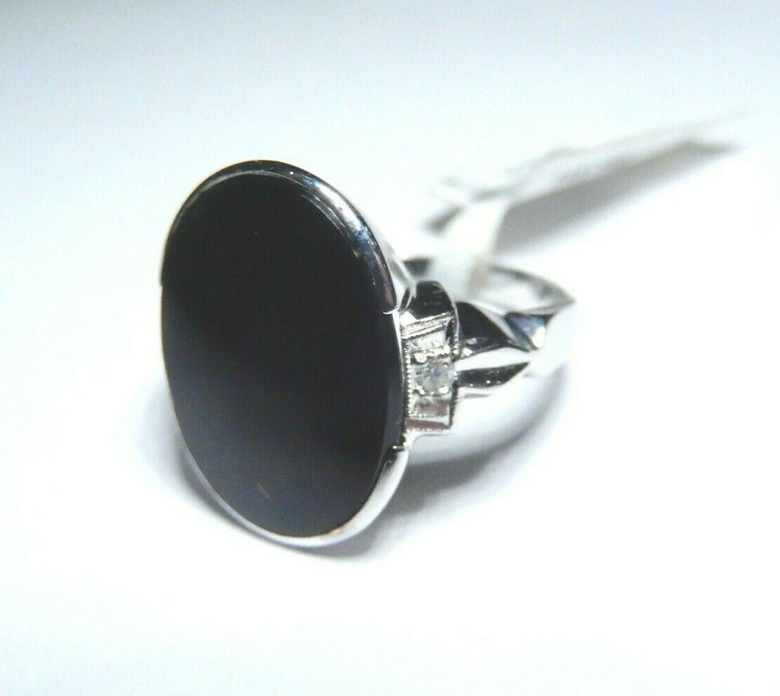 *VINTAGE* 14k White Gold Large 5.00 CT Oval Black Onyx & Diamond Ring Size 6.25