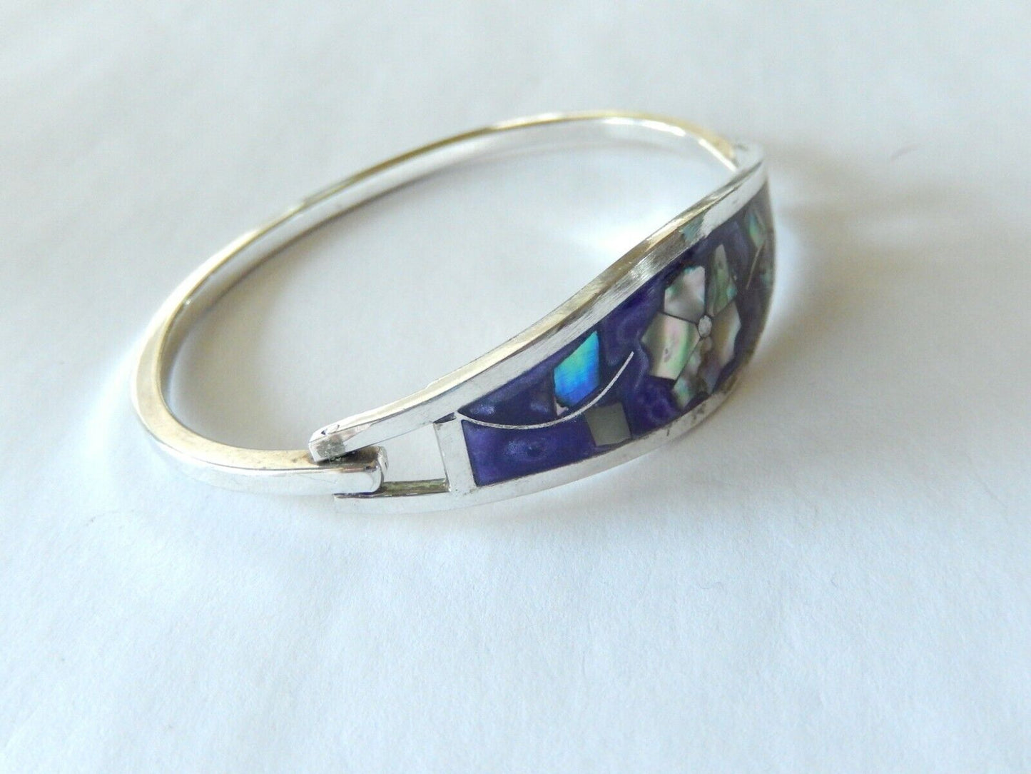 *VINTAGE Taxco Mexico Sterling Silver Mother of Pearl Inlay Hinged Cuff Bracelet