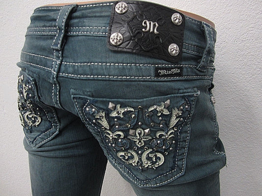 NWOT MISS ME WOMEN'S TP5395S1 CRYSTAL POCKETS TEAL SLIM SKINNY JEANS SIZE 26x30
