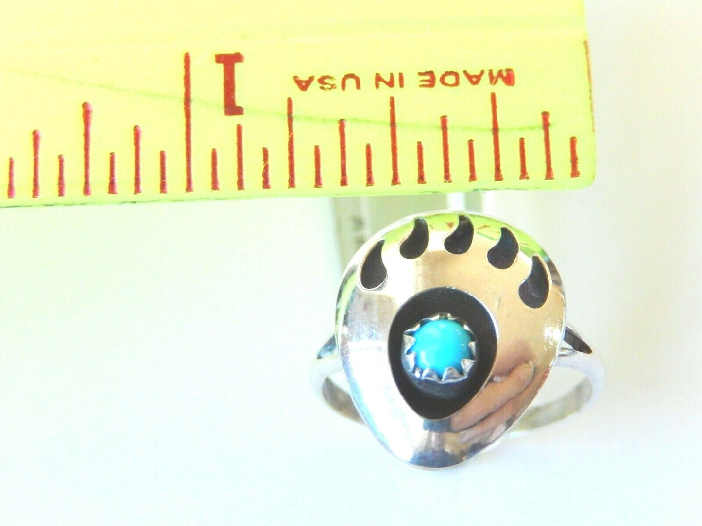 *VINTAGE*  Native Amer. Sterling Silver Turquoise Bear Claw Design Ring Sz 7.75