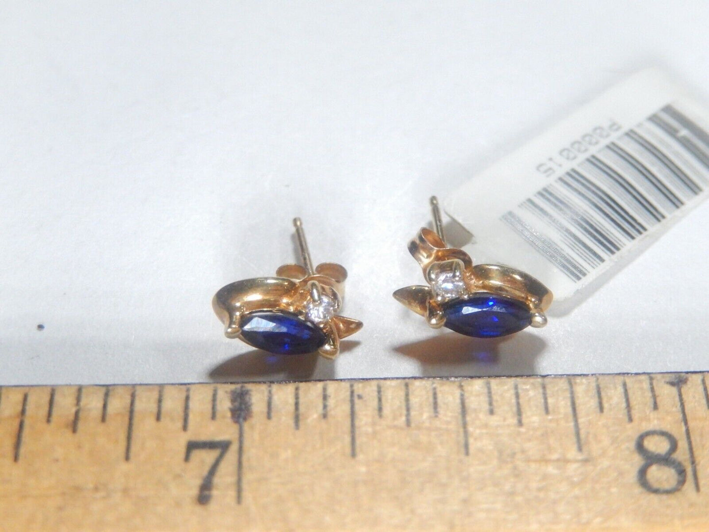 *VINTAGE*  10K Yellow Gold Created Sapphire and Diamond Stud Earrings