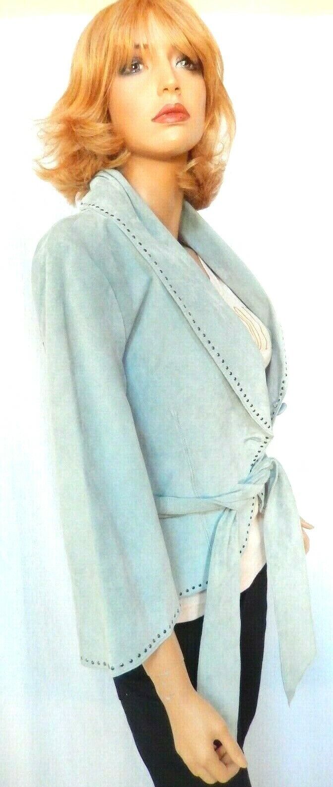 NWT $268 KAREN KANE Lt Blue Suede Serenity Dropped Collar Designer Jacket Sz M