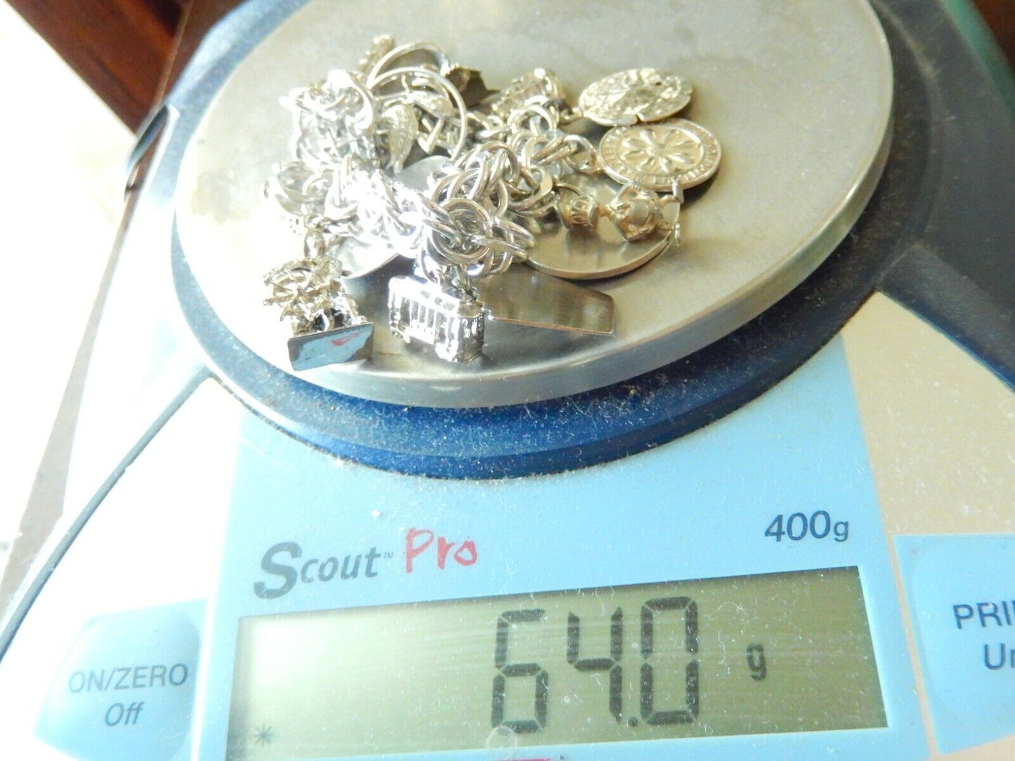 *VINTAGE *  JB Sterling Silver Heavy Dbl Link Charm Bracelet & 14 Mixed Charms