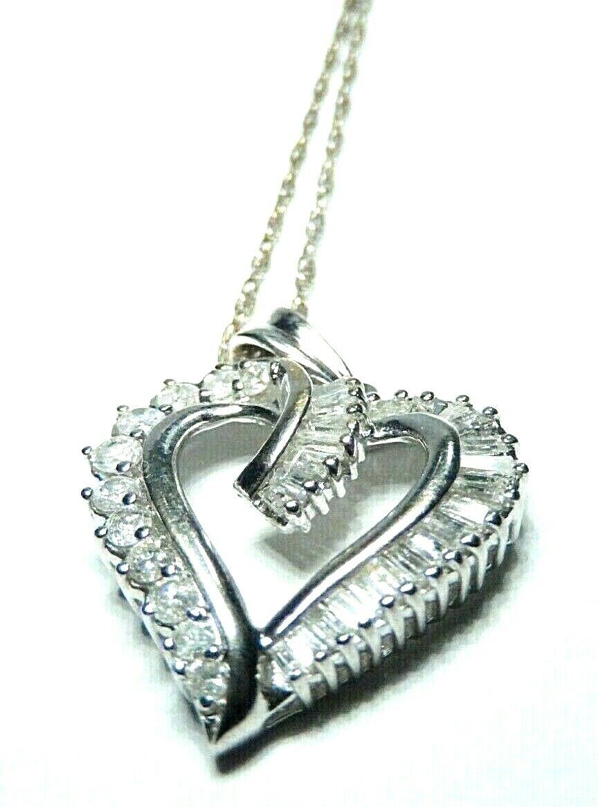 *VINTAGE*10K White Gold 1.00CT Baguette & Round Diamond Heart Pendant w/18"Chain