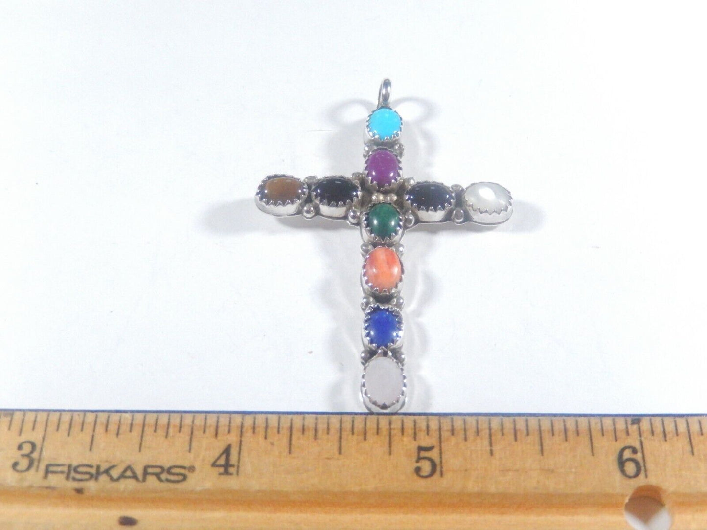 *VINTAGE*   Large Sterling Silver Handmade Multi Gemstone Cross Pendant