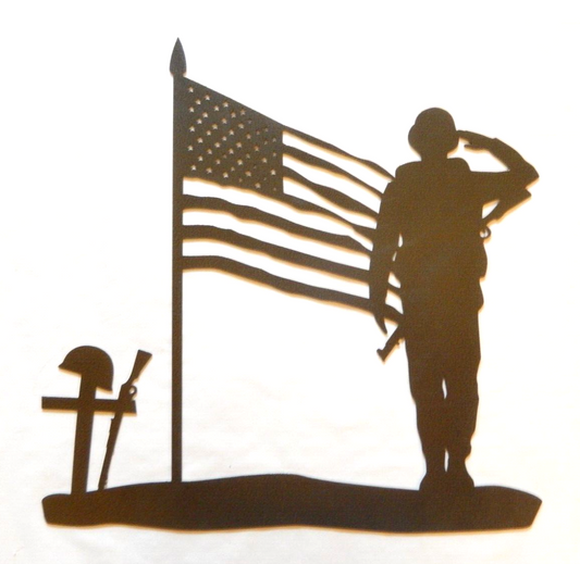 ~NEW~ LARGE - 14ga. "SOLDIER SALUTING AMERICAN FLAG" Metal Wall Art  18" x 18"