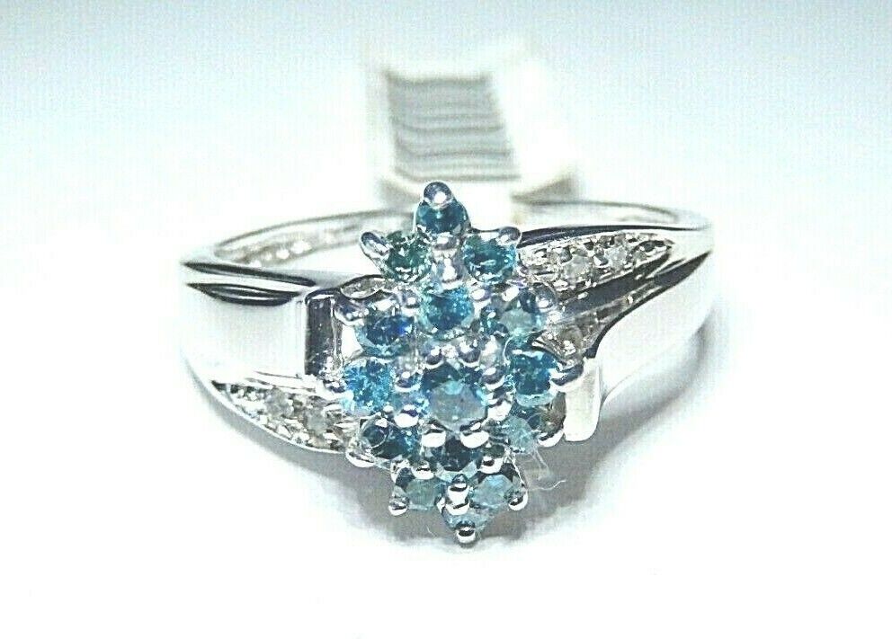 *NWT*14K White Gold .50CTW Blue Diamond Cocktail Cluster Ring Size 10.25