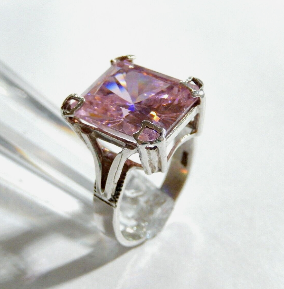 *VINTAGE*  Sterling Silver CZ Pink 12.0CT Emerald Cut Cocktail Ring Size 8