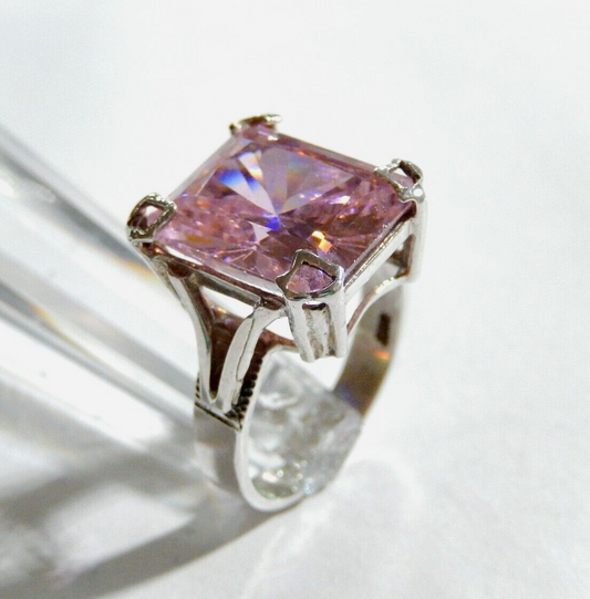 *VINTAGE*  Sterling Silver CZ Pink 12.0CT Emerald Cut Cocktail Ring Size 8