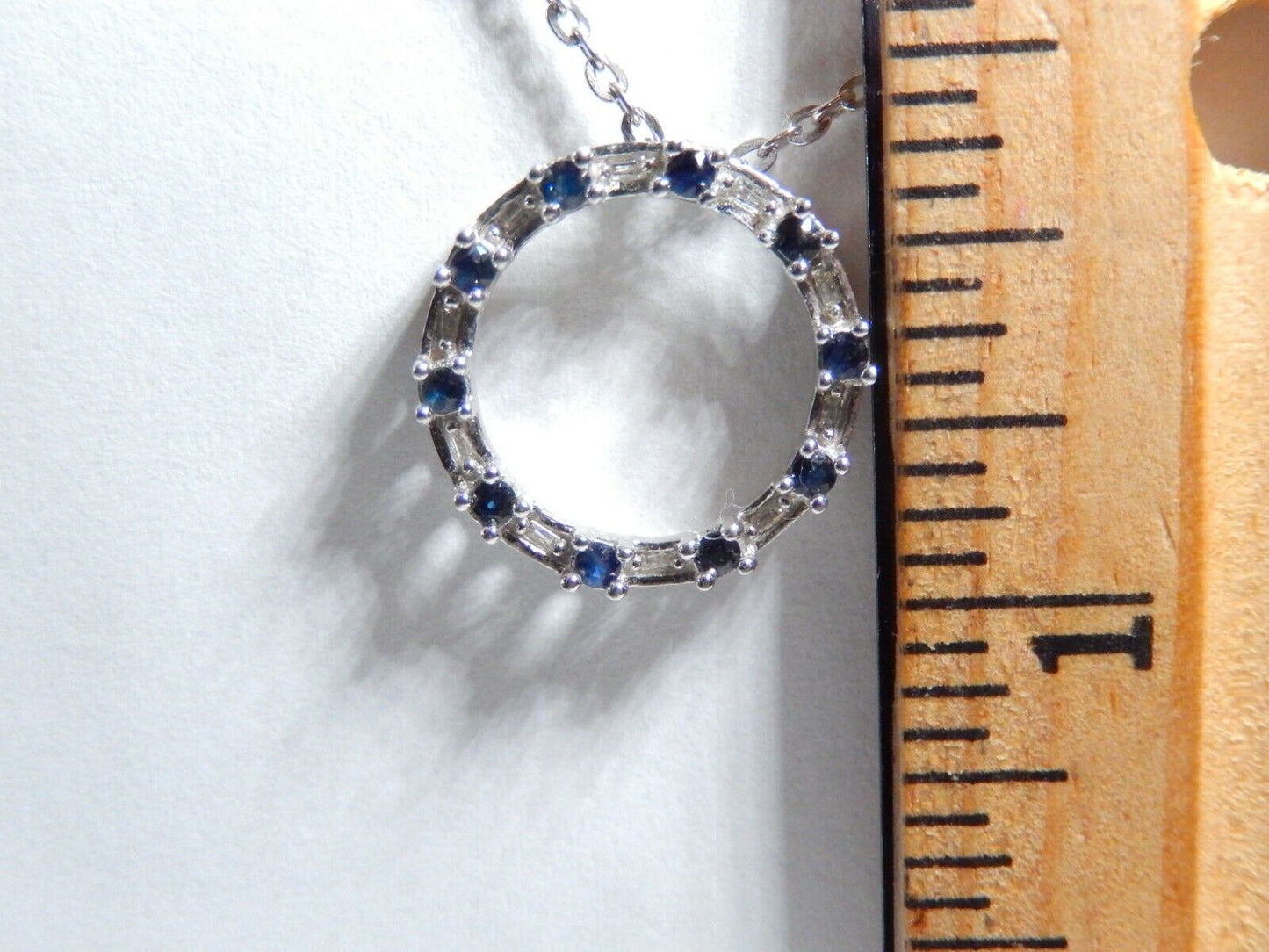 *NWT*  10K White Gold Sapphire & Natural Baguette Diamond Circle Pendant w/18"Ch