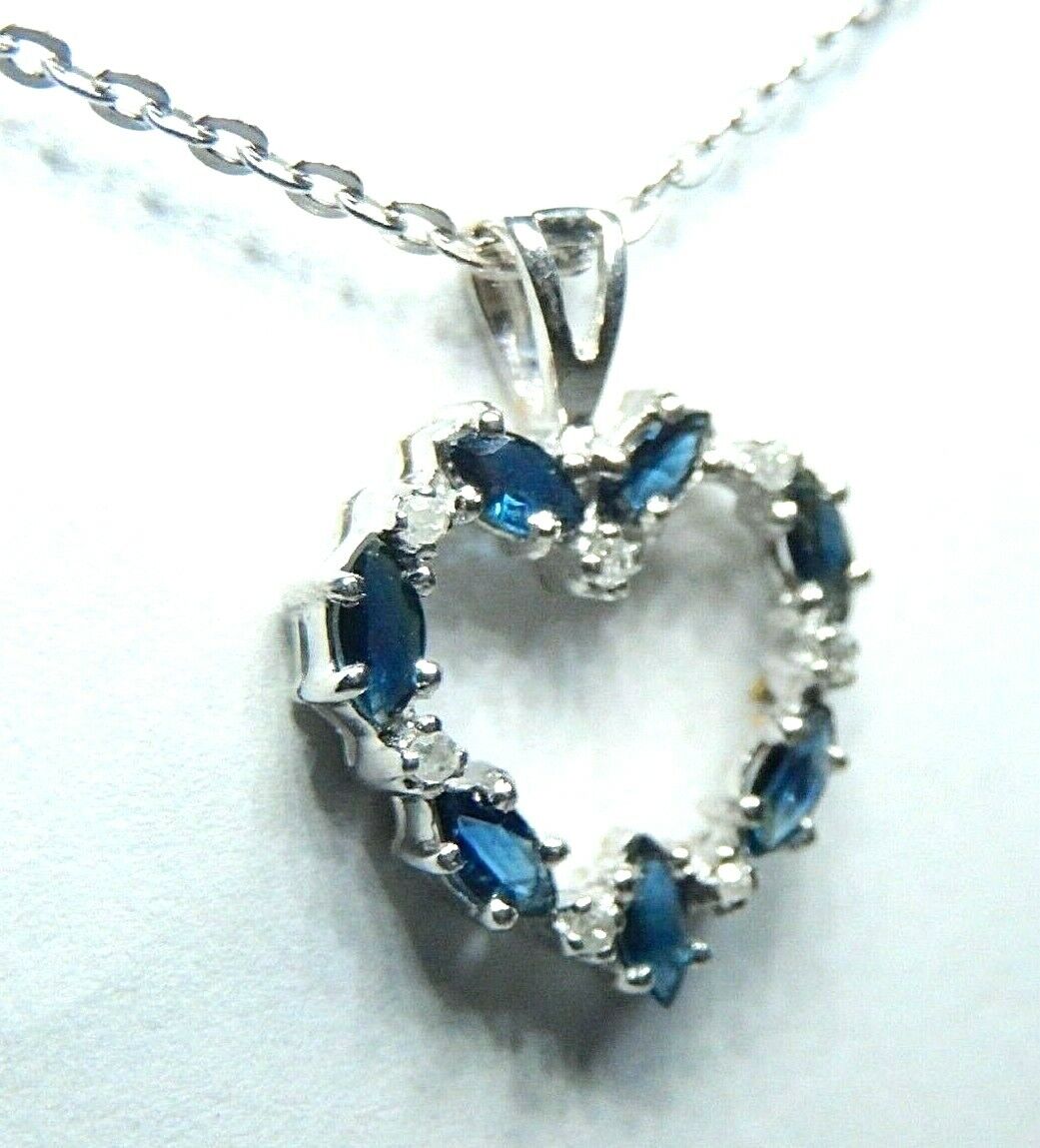 *NWT*  14K White Gold Marquise Sapphire & Round Diamond Heart Pendant w/18"Chain