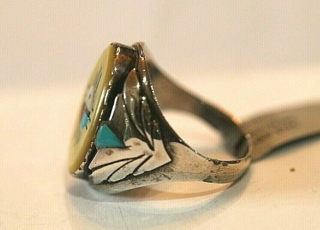 LG MEN'S ZUNI MOTHER OF PEARL INLAY STERLING SILVER MULTI STONE RING SZ 12.75