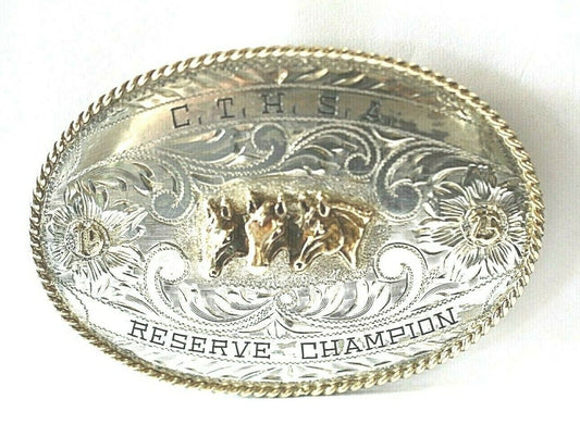 1975 B-K Silversmiths Sterling Silver Triple Horse Trophy Rodeo Belt Buckle