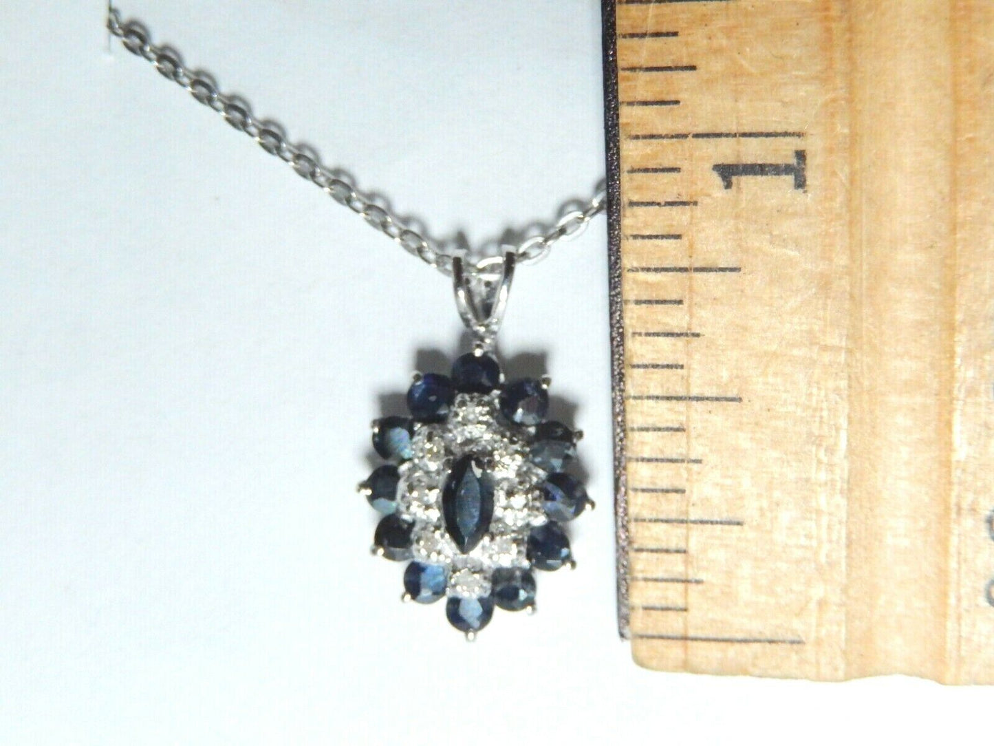 *NWT* 10k White Gold Oval Sapphire And Diamond Pendant with 18" Chain