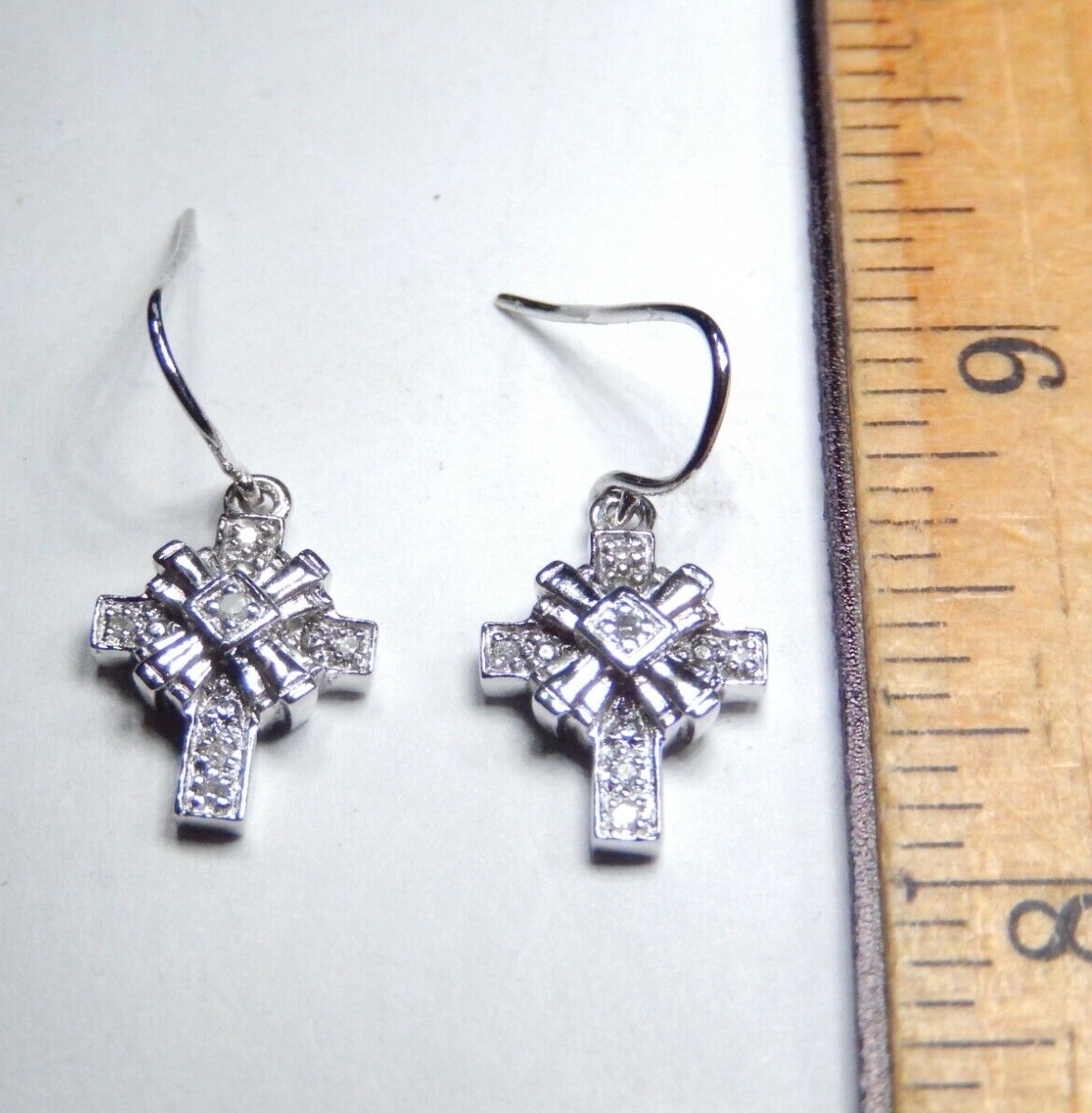 *VINTAGE*  14K White Gold Natural Diamond Cross Drop Dangle Hook Earrings