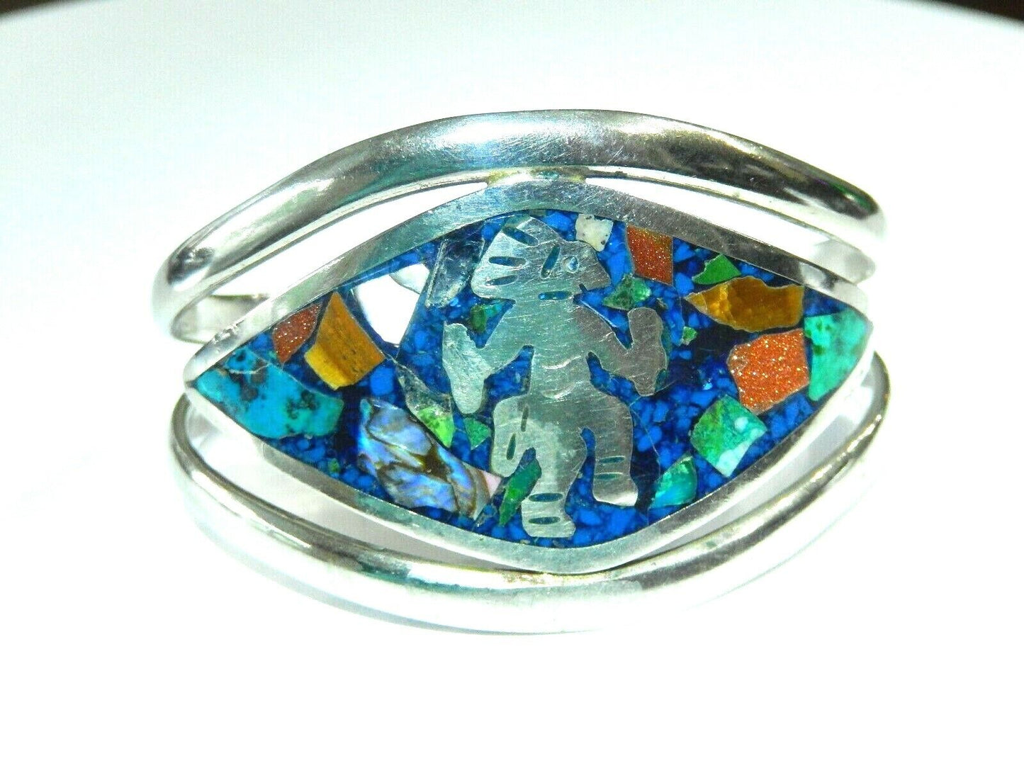 Vintage Mexico 925 Sterling Real Gem Inlay Tribal Dancing Wide Bangle Bracelet