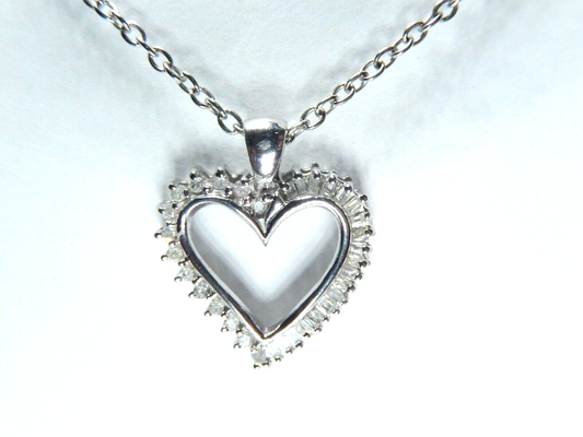 *VINTAGE*  1/4 Ct Natural Diamond 10K White Gold Heart Pendant w/ 18" Chain