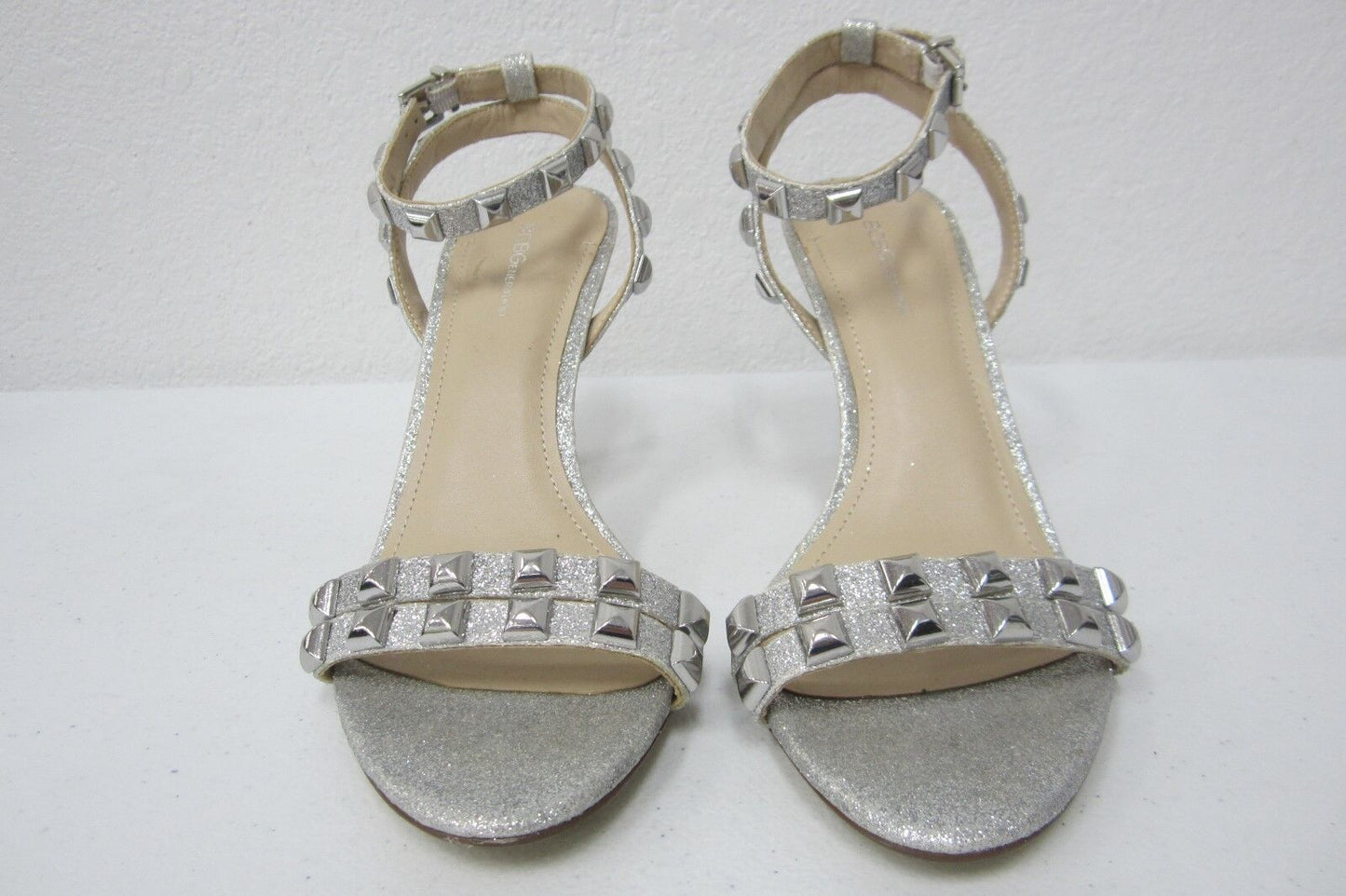 BCBGeneration Dacotah-X Glitter Silver Leather Studded Ankle Strap Heels Size 8M