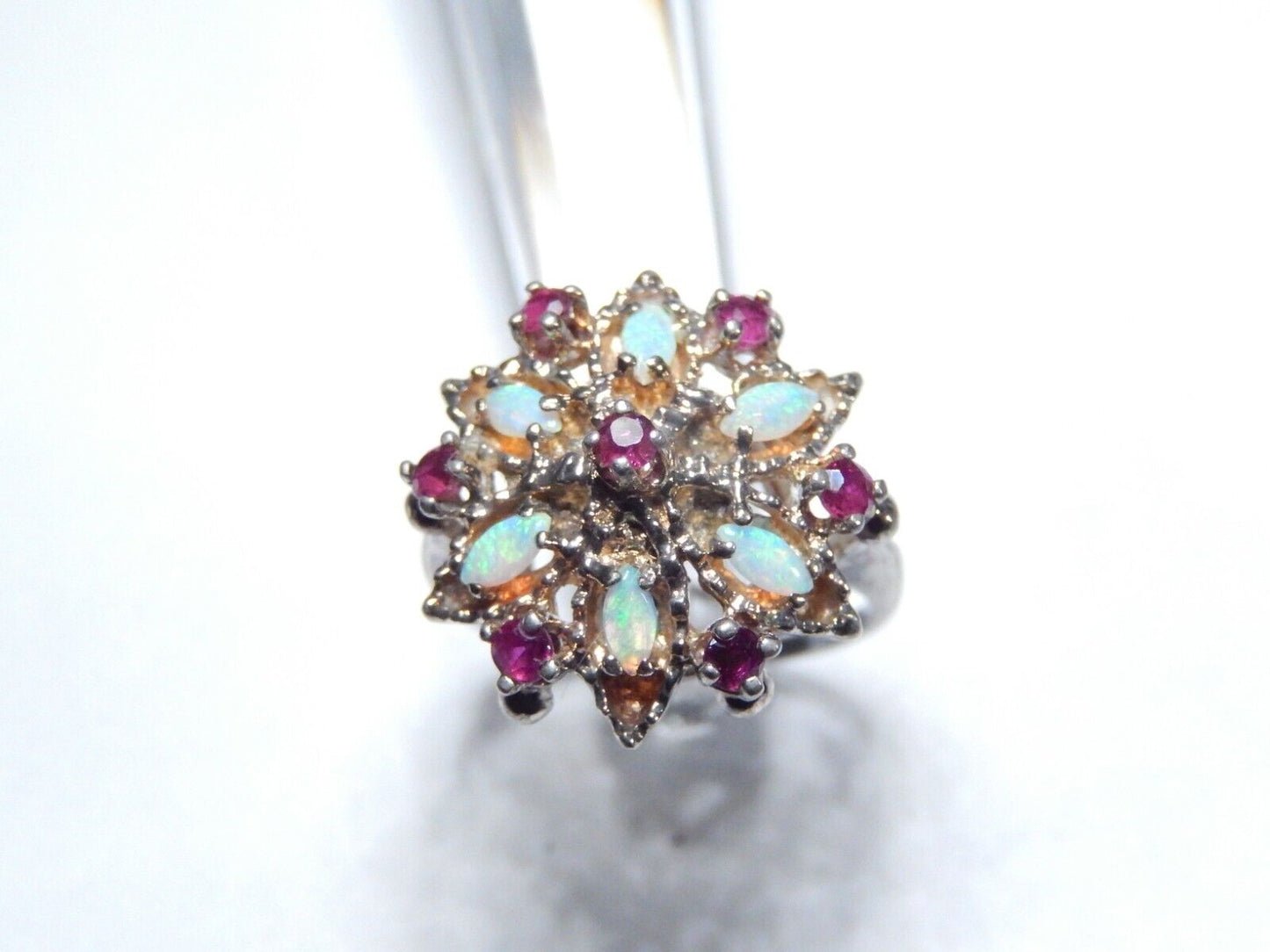 *VINTAGE*  Sterling Silver 925 RUBIES & OPALS Ladies Cocktail RING Size 5.5