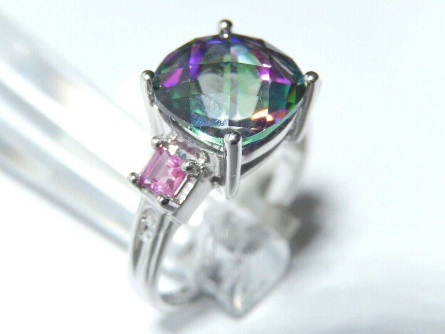 *NWT* Gorgeous 10K WHITE GOLD 5CT Fancy Cushion Cut Mystic Topaz Ring  Size 7.75