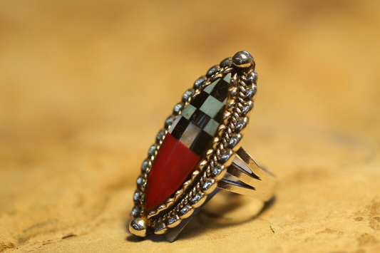 *VINTAGE*  LONG Native American Sterling Silver Multi Stone Inlay Ring Sz 6.75