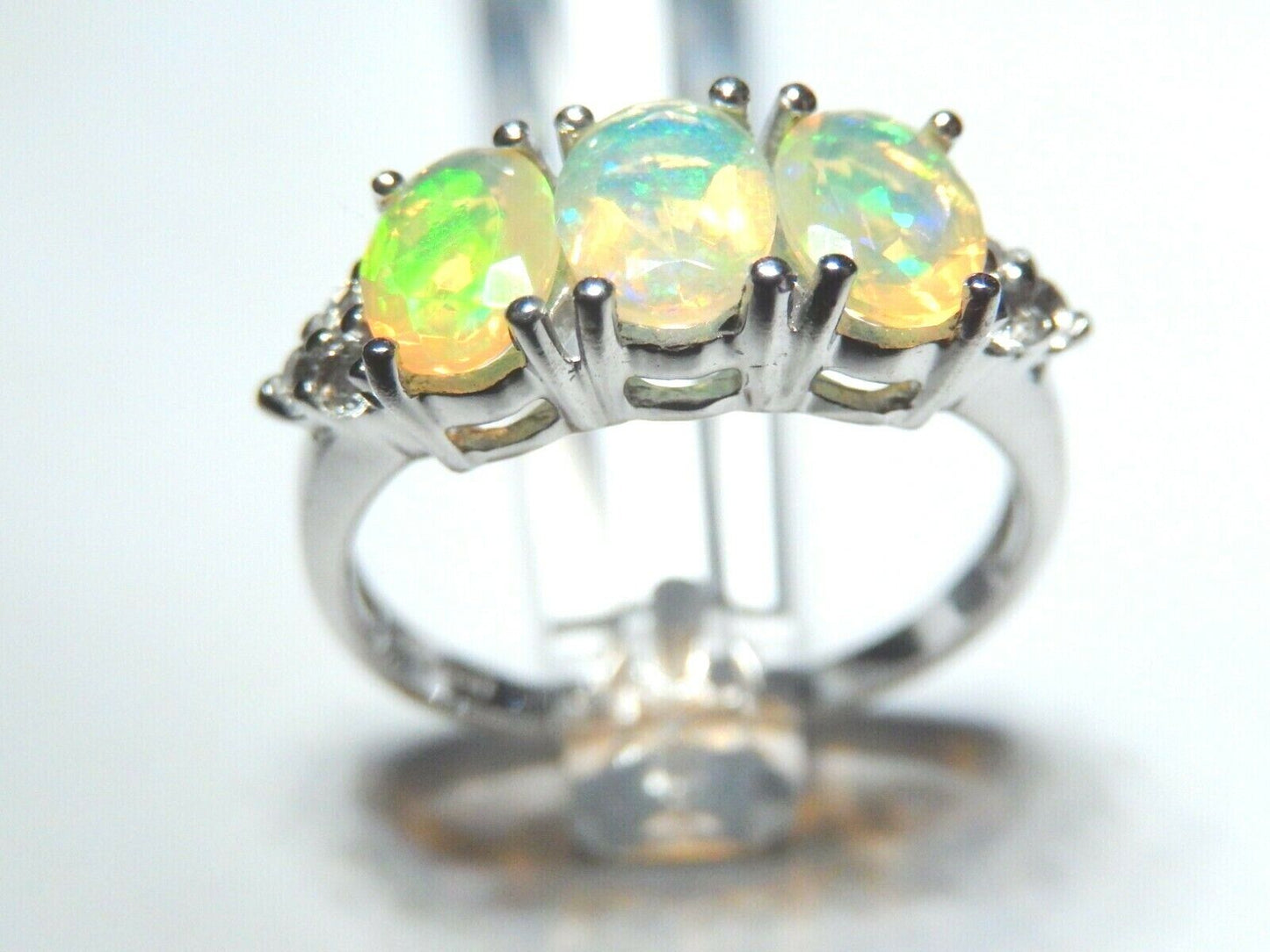 Oval Three Stone Lab Created White Opal Ring .925 Sterling Silver Ring Sz 10.25