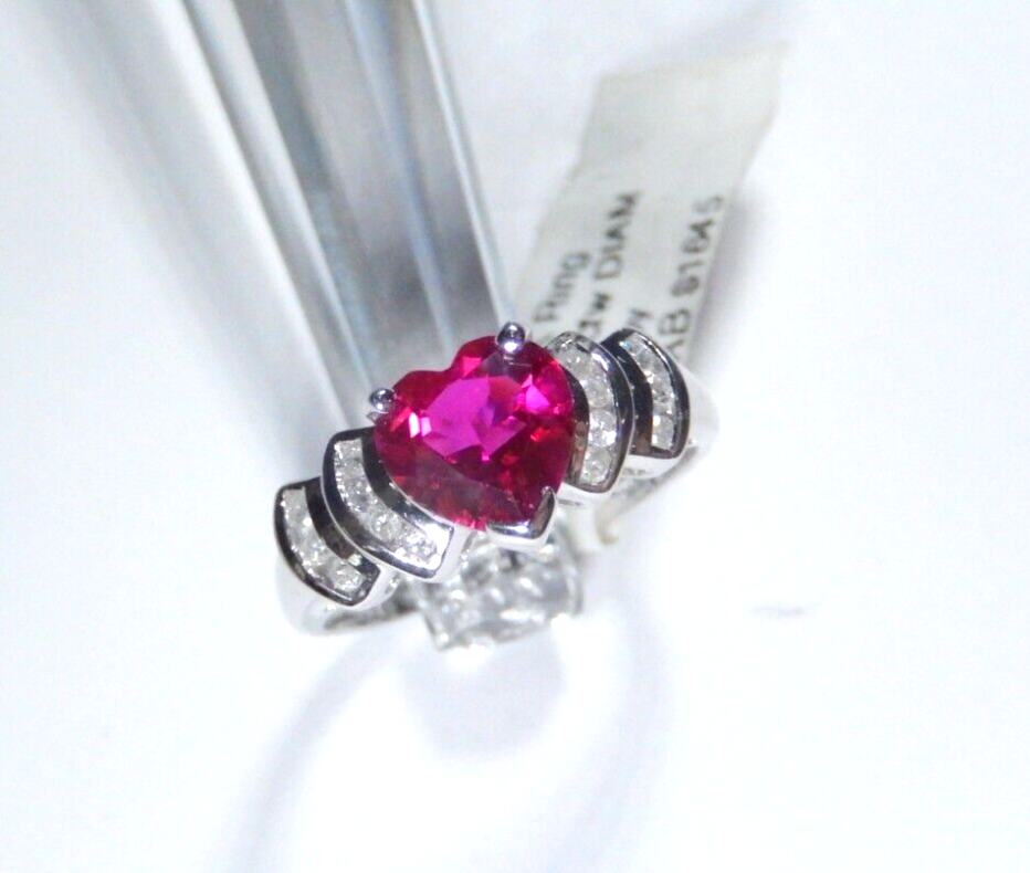 *NWT* 10K White Gold Heart Lab Created Ruby & Natural Diamond Ring Sz 7