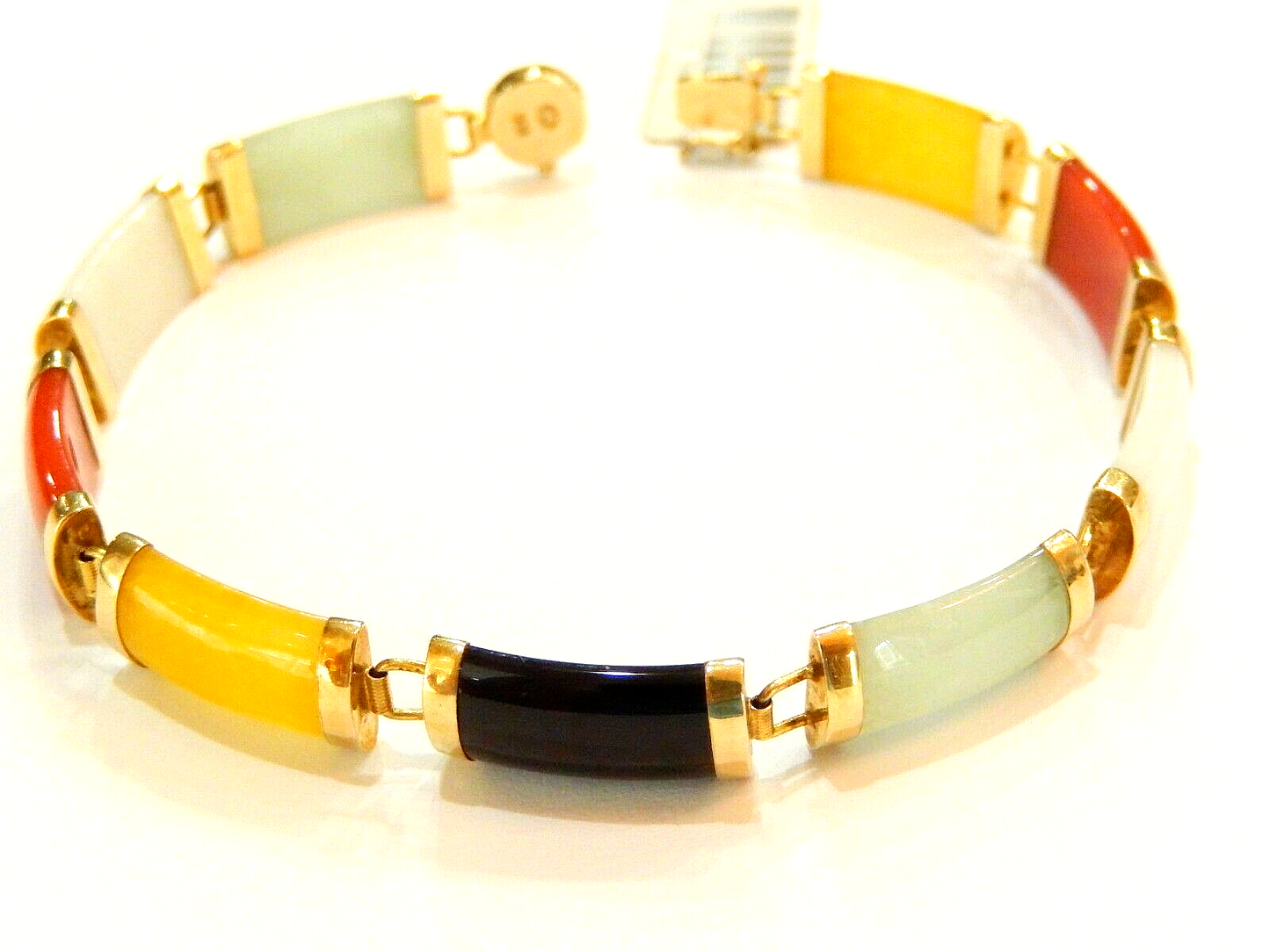 10K Yellow Gold Multi-Color Jade 8.5 MM Wide Capped Bar Link Bracelet 7.5 Inch