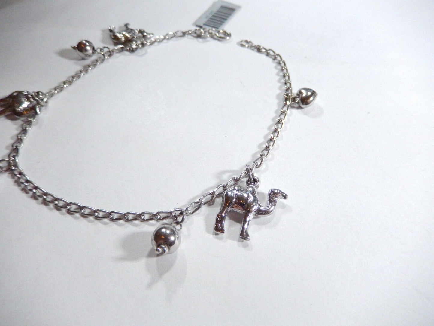 Sterling Silver Chain Anklet with Dangling Heart & Camel & Bead Charms 9" Long