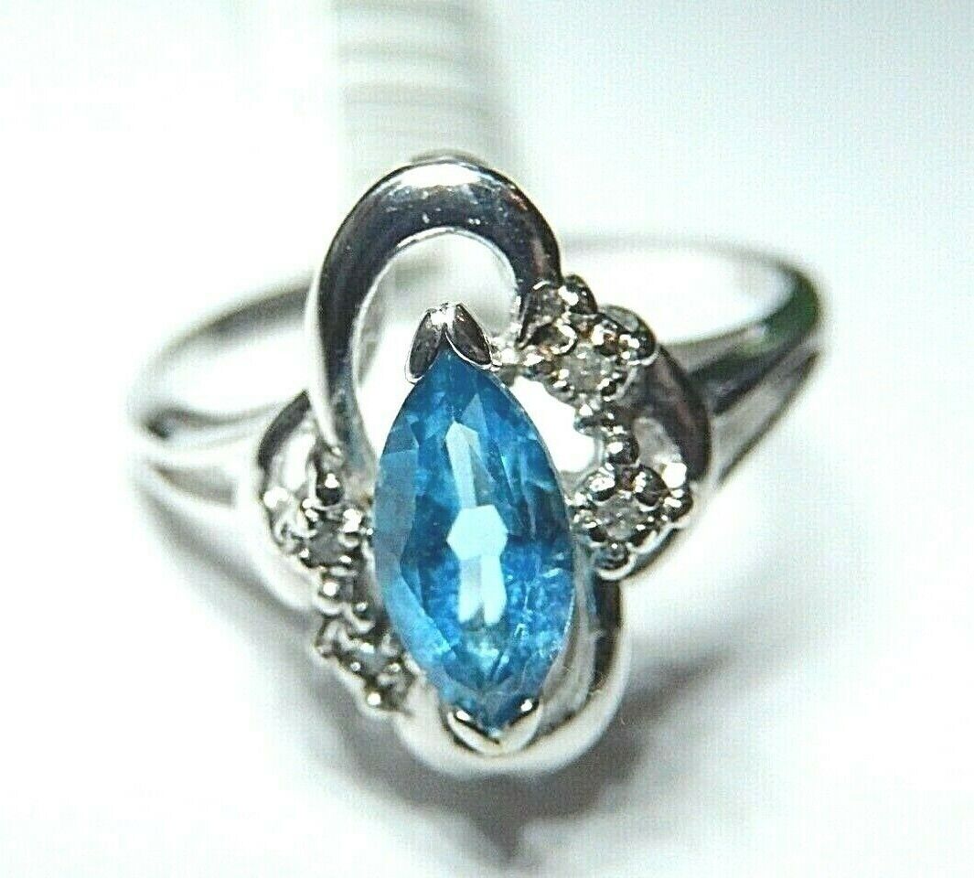 *NWT* 14K White Gold London Blue Topaz & Diamond Freeform Ring  Size 6.75