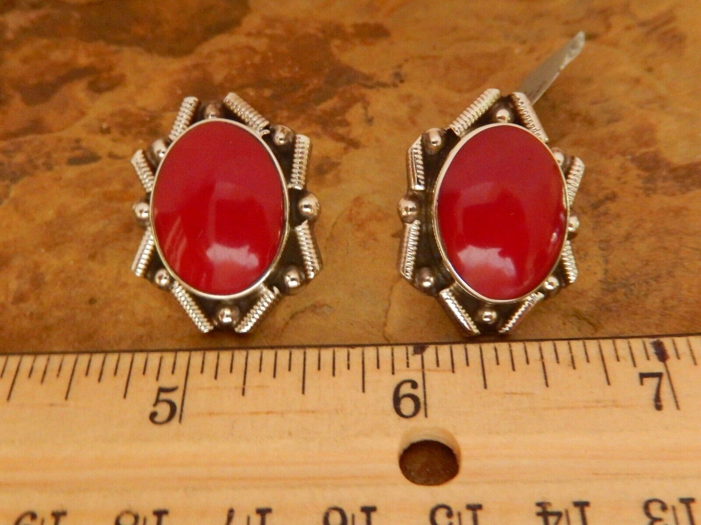 Vtg 1960's Sterling Silver 925 Large Red Coral Mexico Earrings  19gms 1.25"x7/8"