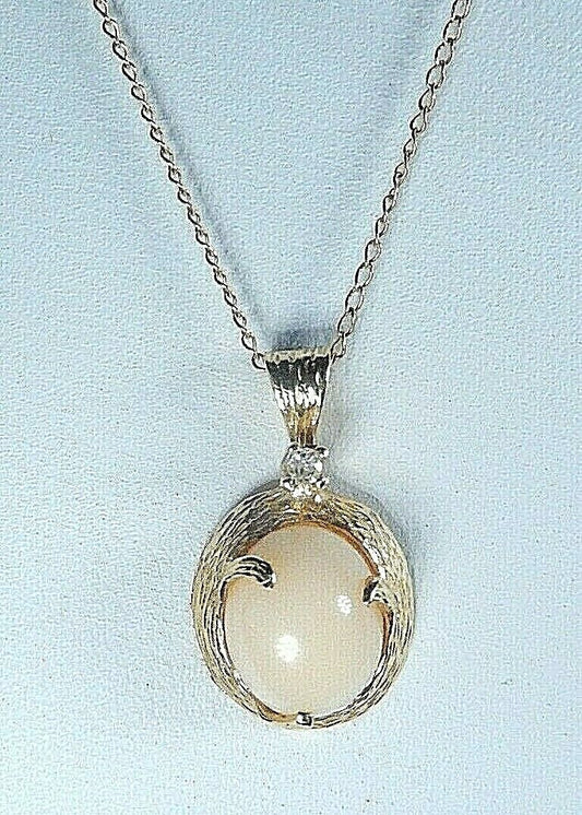 *VINTAGE*  DIAMOND & AAA CORAL 14KT YELLOW GOLD  DROP PENDANT & 14K YG 19" Chain