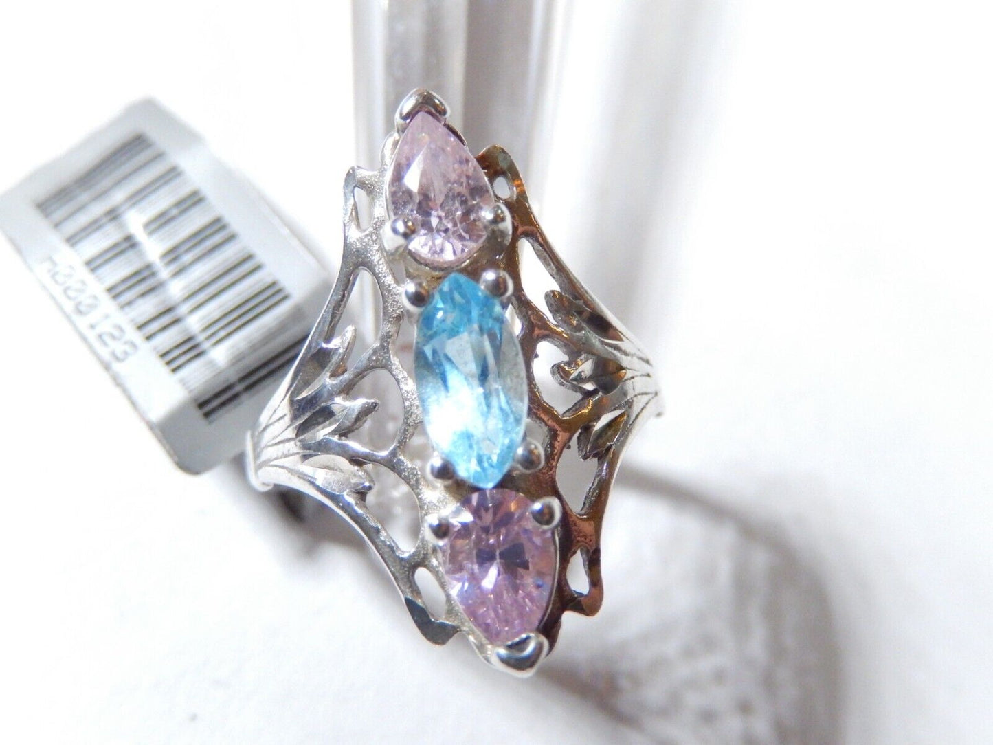 *VINTAGE* Pink Sapphire & Blue Topaz Gemstone Filigree Sterling Silver Ring Sz 7
