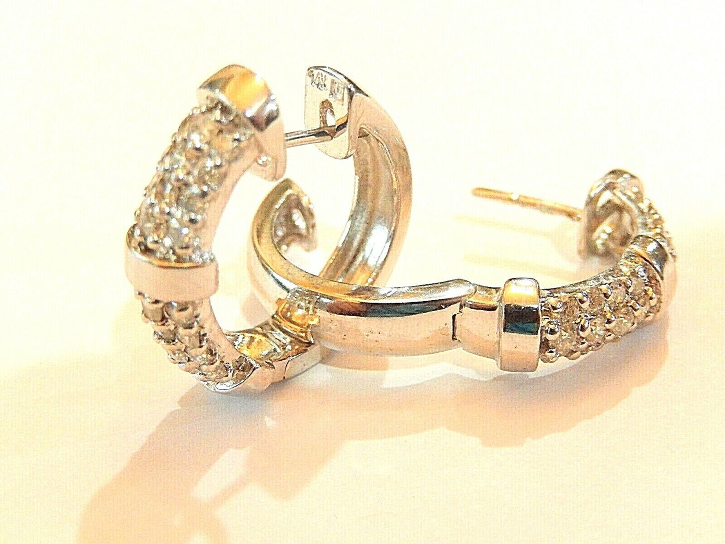 *VINTAGE* 14KT WHITE GOLD  1CT  DIAMONDS HINGED HOOP EARRINGS  20mm x 19mm