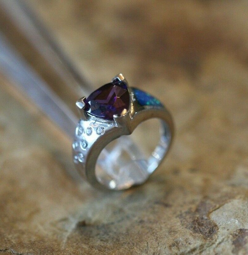 *VINTAGE*   AMETHYST  &  FIRE OPAL Ring with CZ  925 STERLING SILVER Sz 7.5